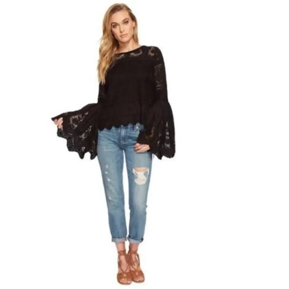 Free People Once Upon A Time Lace Bell Sleeves Top In Black Size S NWOT